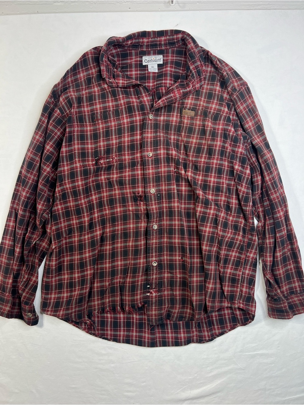 Carhartt Men's Cotton Flannel Red Black Plaid Button Down Shirt Distressed